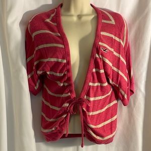 Pink + Beige Striped Short Sleeve Sweater, Size Medium, Hollister